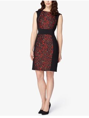 Tahari ASL Black Sheath Dress with Red Patterned Panels